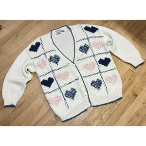 Vintage Valentine Hearts Grandma Cottage Core Button Up Cardigan Sweater Baggy